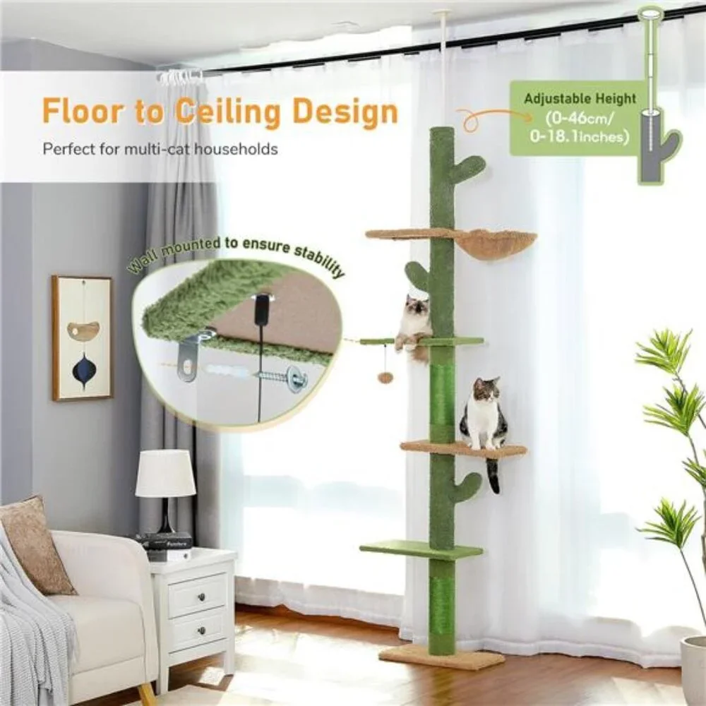 PAWZ Road Cat Tree, Cactus Floor to Ceiling Cat Tower with Adjustable Height